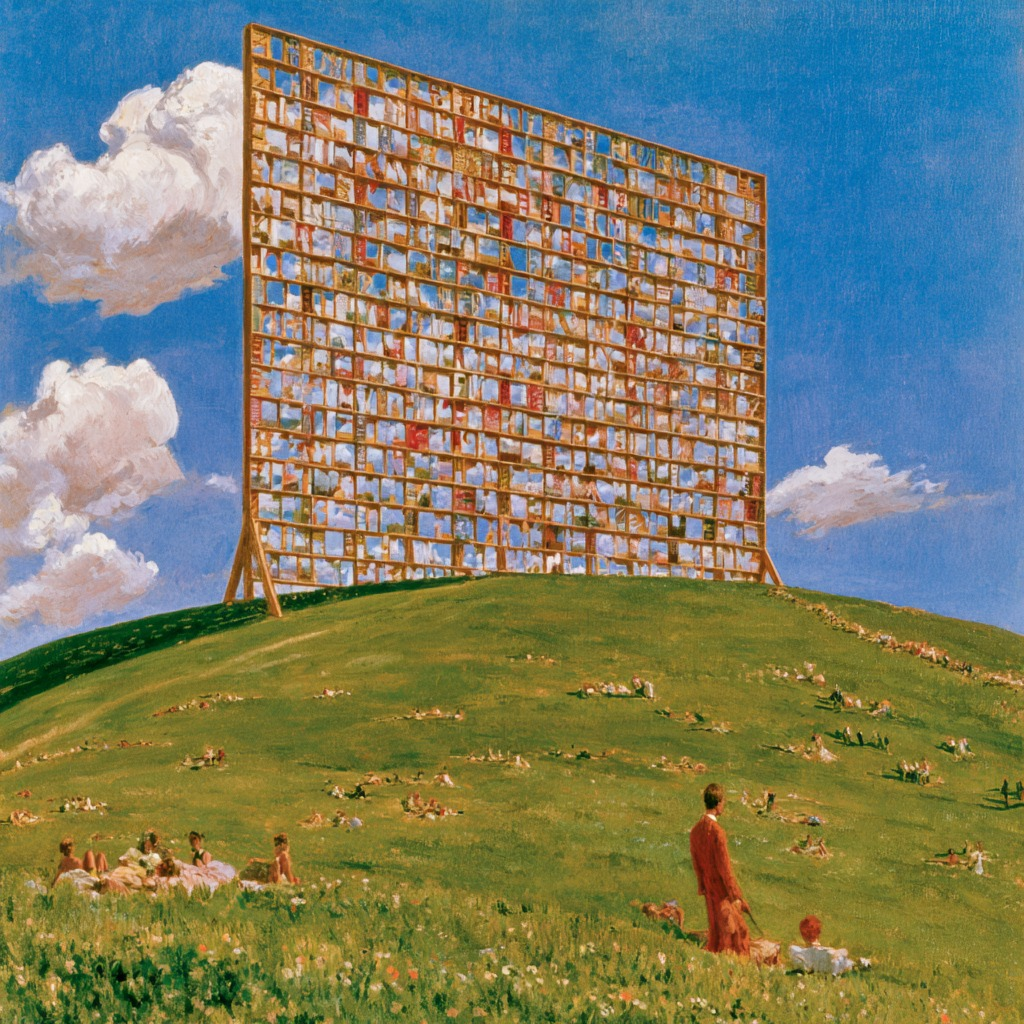 A vast wooden frame filled with small blocks stands on a green hill beneath a blue sky, with people gathered on the grass.